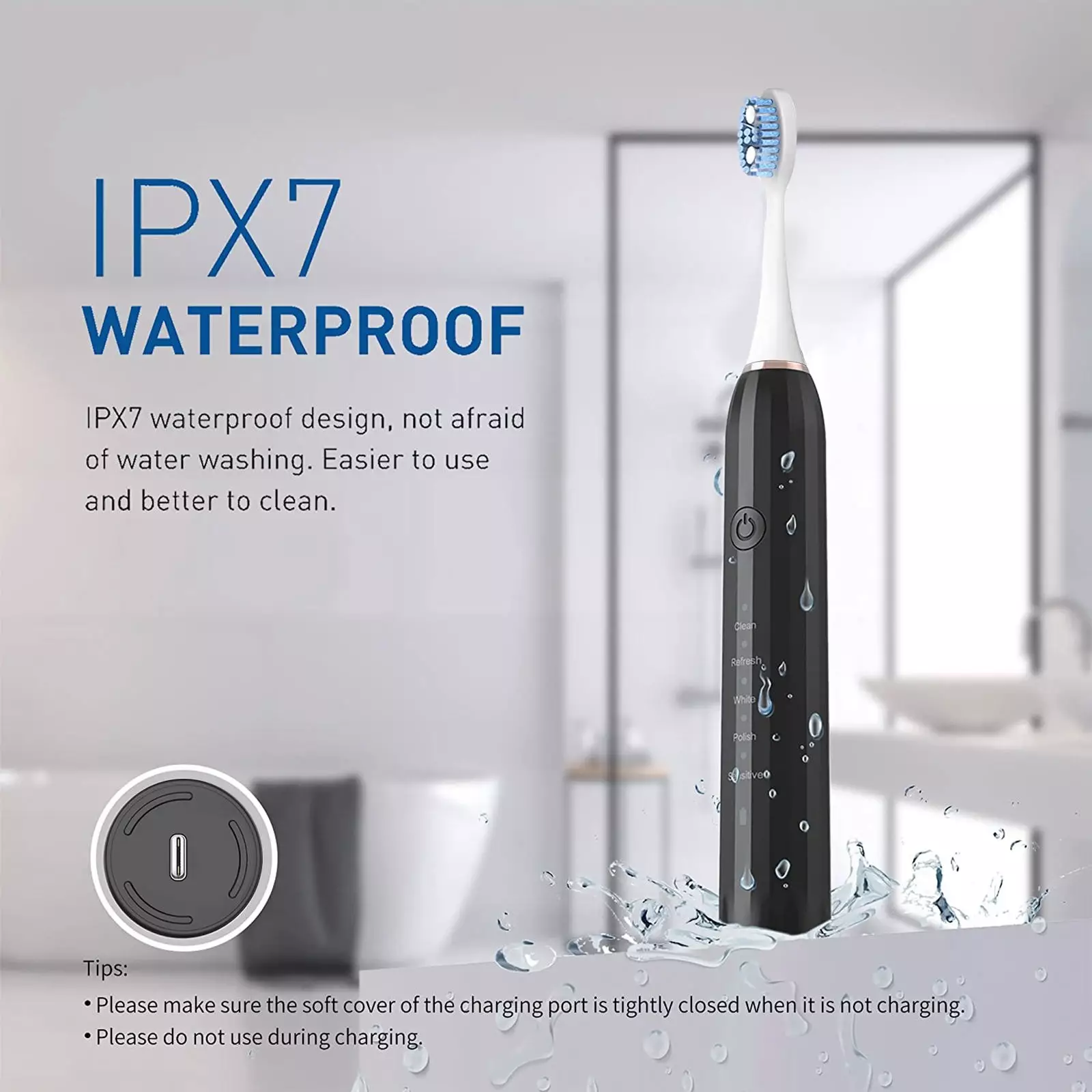 סוללה נטענת Usb Ultrasonic Ipx7 מברשת שיניים חשמלית למבוגרים עמידה למים